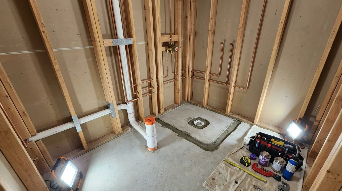 Bathroom rough-in plumbing during remodel by Johns Plumbing LLC in Moline