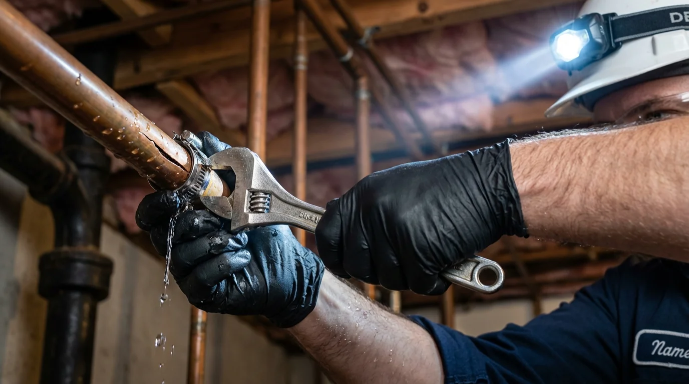 Emergency pipe clamp repair being performed by a Johns Plumbing LLC plumber in Moline