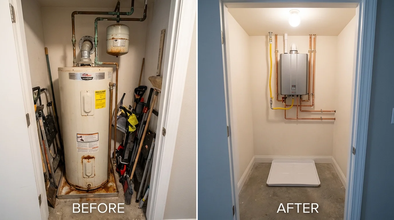 Tank water heater versus wall-mounted tankless unit comparison for Moline, IL homeowners