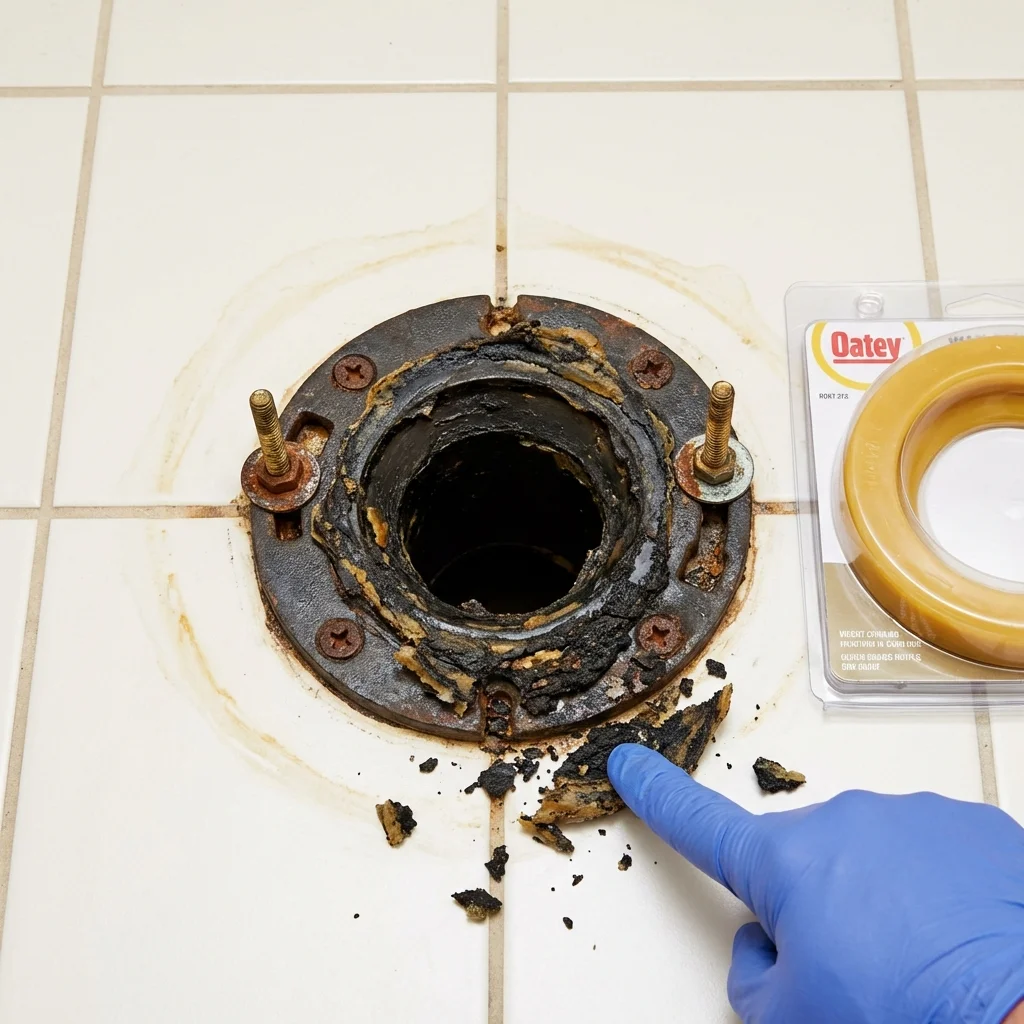 Failed wax ring showing water seepage at the base of a toilet in a Moline, IL home