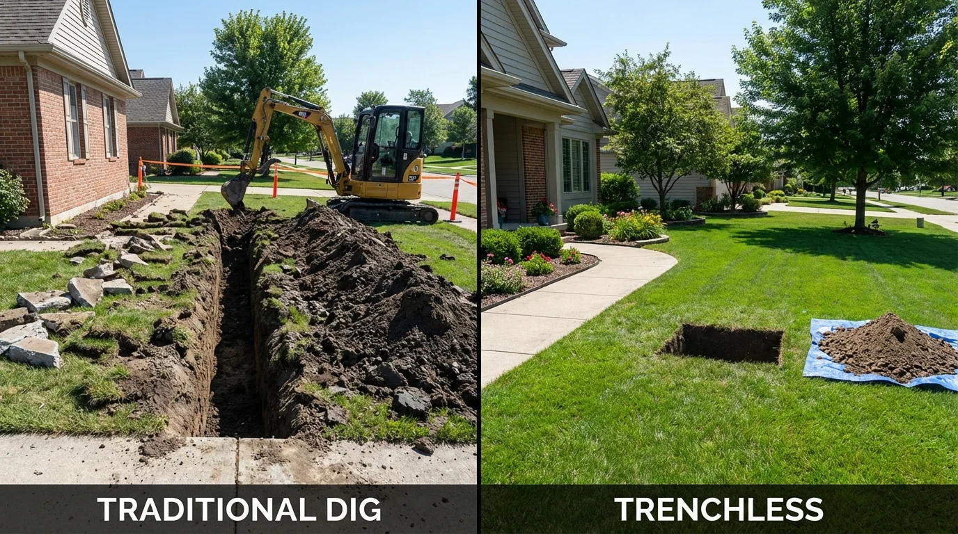 Trenchless sewer repair with minimal yard damage versus traditional excavation in Moline, IL
