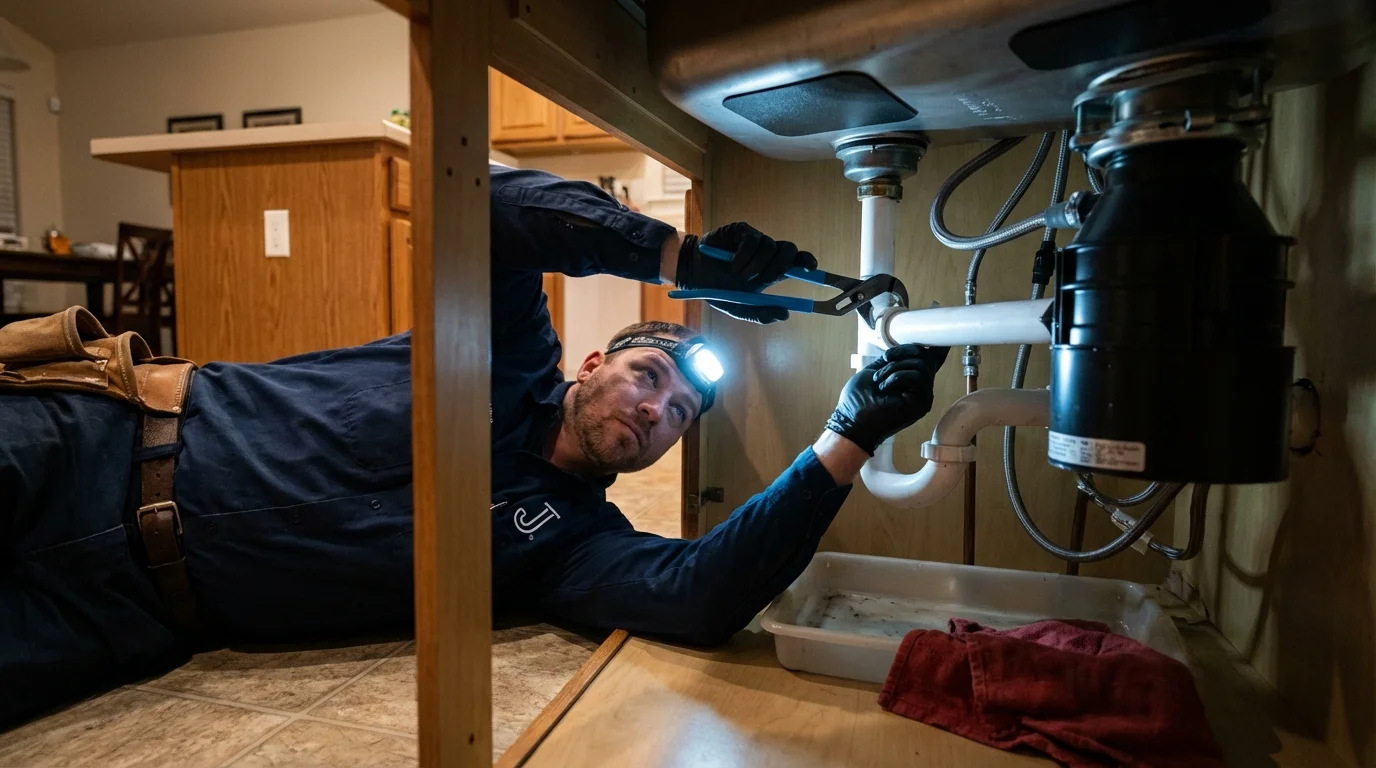 P-trap and supply line connections under a kitchen sink showing a common leak point in Moline, IL